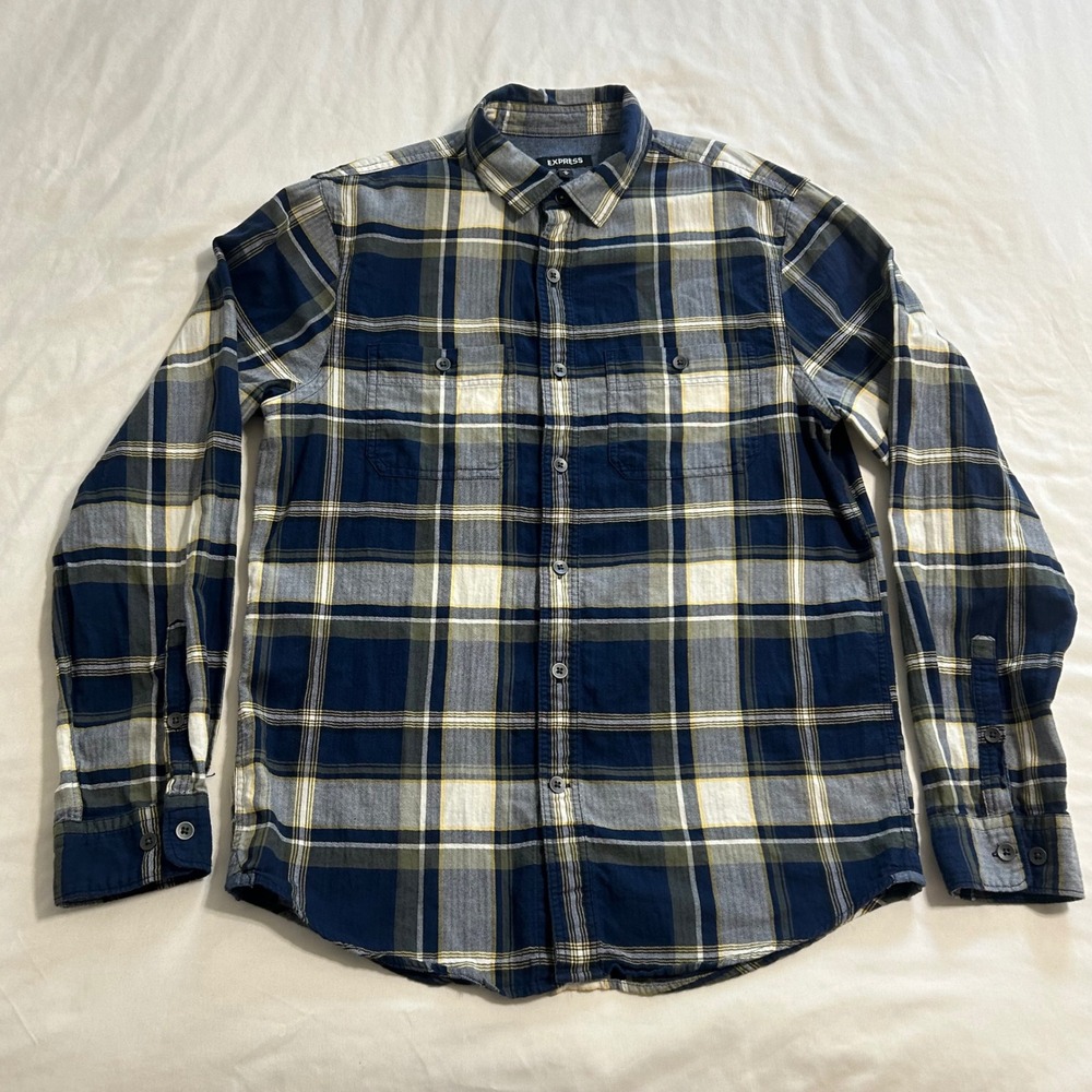 Express Mens Navy Blue Yellow Plaid Flannel Button Down Shirt Medium Long Sleeve